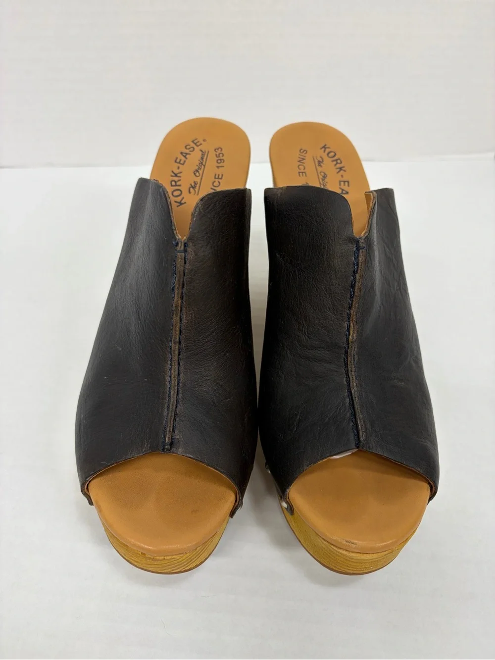 Kork Ease Harlin Wood Heel Platform Leather Open Toe Mule Clog Brown Size 9